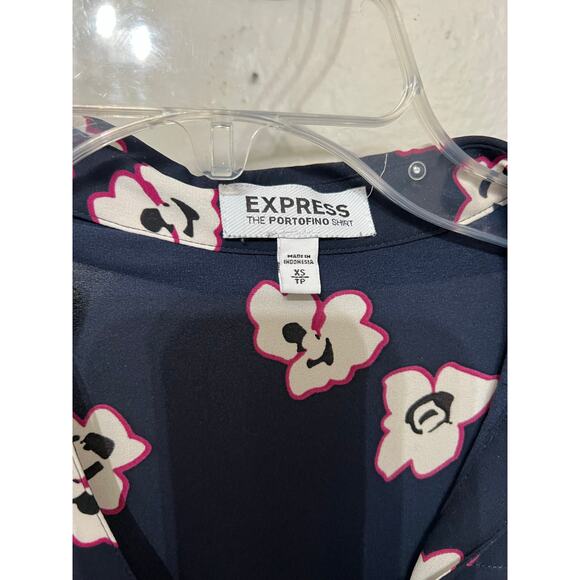 EXPRESS PORTOFINO DARK NAVY BLUE FUCHSIA FLORAL BLUE TOP BUTTON UP EUC XS - Picture 4 of 5
